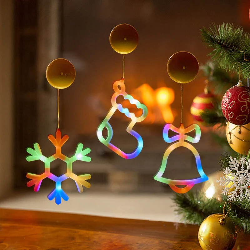 Kerstraamverlichting, werkt op batterijen, sneeuwvlok en jingle bell en kousvormig met zuignap voor Kerstmis, vakantie, decor