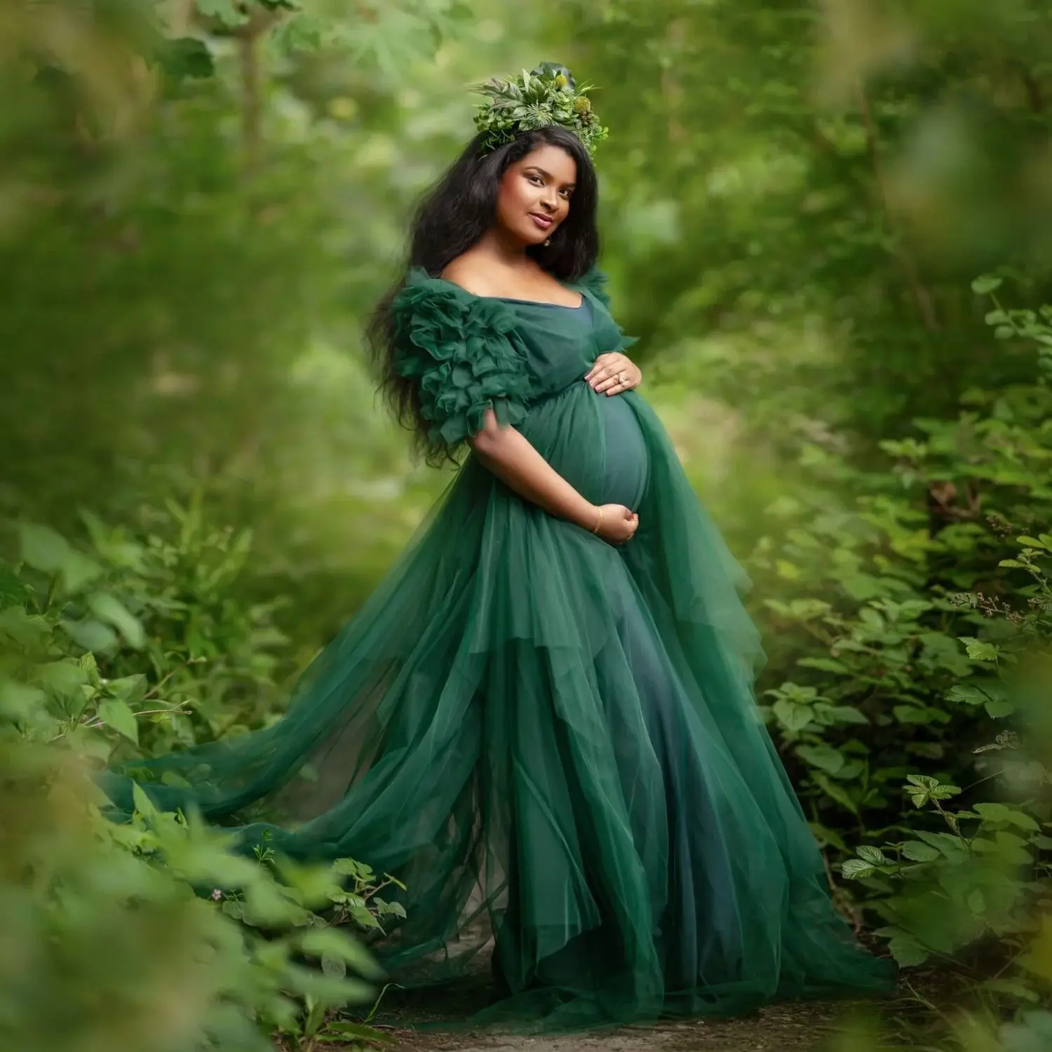 

Линда зеленое платье для беременных для женщин с открытыми плечами и многоуровневыми рукавами для беременных платье для детского душа со складками праздничная одежда для фотосессии