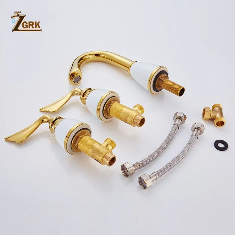 3 Piece Set Faucet Bathroom Deck Mounted Sink Mixer Tap 3 Hole Basin Faucet Set Solid Brass Faucet Golden Finish Water Tap