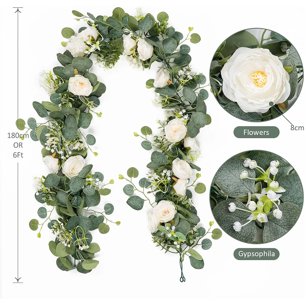 180cm Künstliche Eukalyptus-Girlande mit Weißen Blumen für Heim, Festival, Wanddekoration, Garten, Hochzeit, Hintergrund, Party-Dekor – Detail 12
