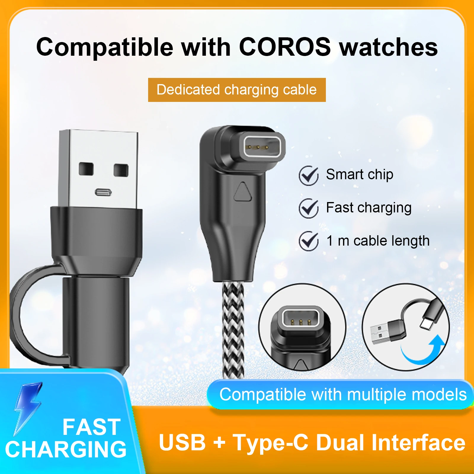 2 in 1 Charging Cord for COROS PACE4 APEX4(46MM/42MM) PACE Pro Charging Cable Multiple Charger Cord USB Type-C 90 Degree