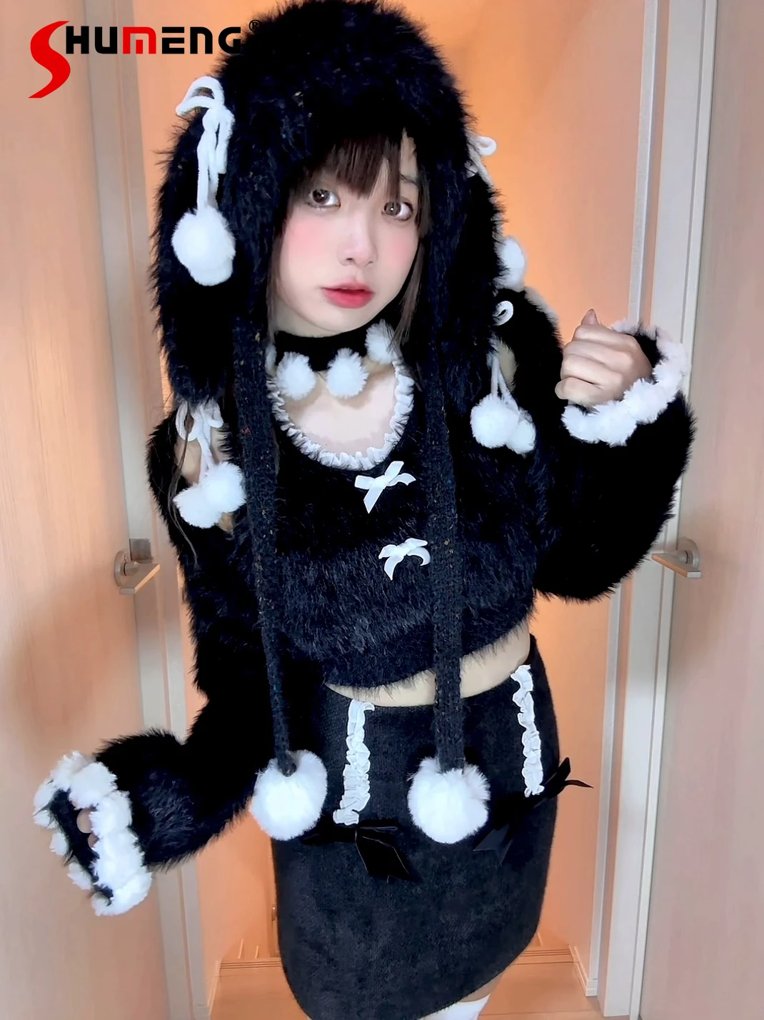 

Japanese Subculture Black Kawaii Knit Coat Halter Vest Skirts Set Autumn and Winter New Girls Sweet Cute Cos Outifits Y2k Hat