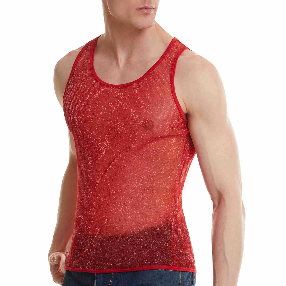 Men Shiny Mesh Muscle Vest Sexy See-Through Undershirt Male Gym Fitness Tank Tops Soft Transparent Undershirt Sleeveless T-shirt