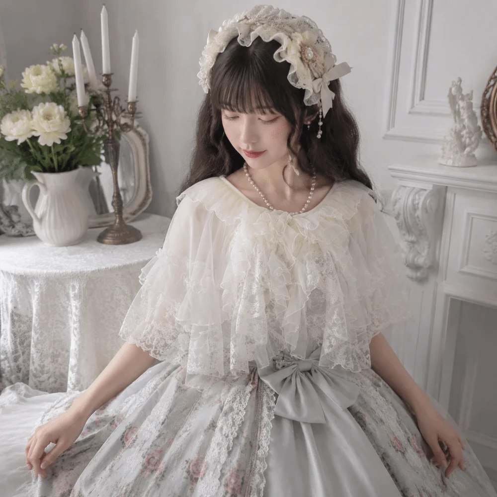 

Creative White Black Lolita Short Shawl Lace Mesh Ruffles Lolita Skirt Photo Props Cosplay Ace Mesh Skirt Women