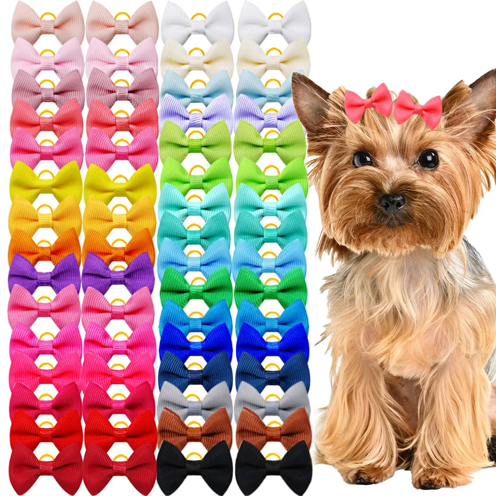 20pcs Cute Pet Dog Hair Bows Solid Grooming Bows with Rubber Band Gifts for Small Dogs Hand-made Headwear Dog Supplies