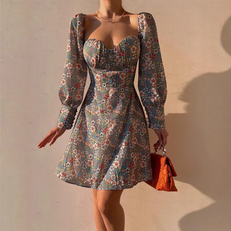 فستان نسائي جديد للربيع والصيف على شكل زهرة فرنسية بقصة منخفضة ورقبة مربعة وحزام خلفي فستان على شكل حرف A 288