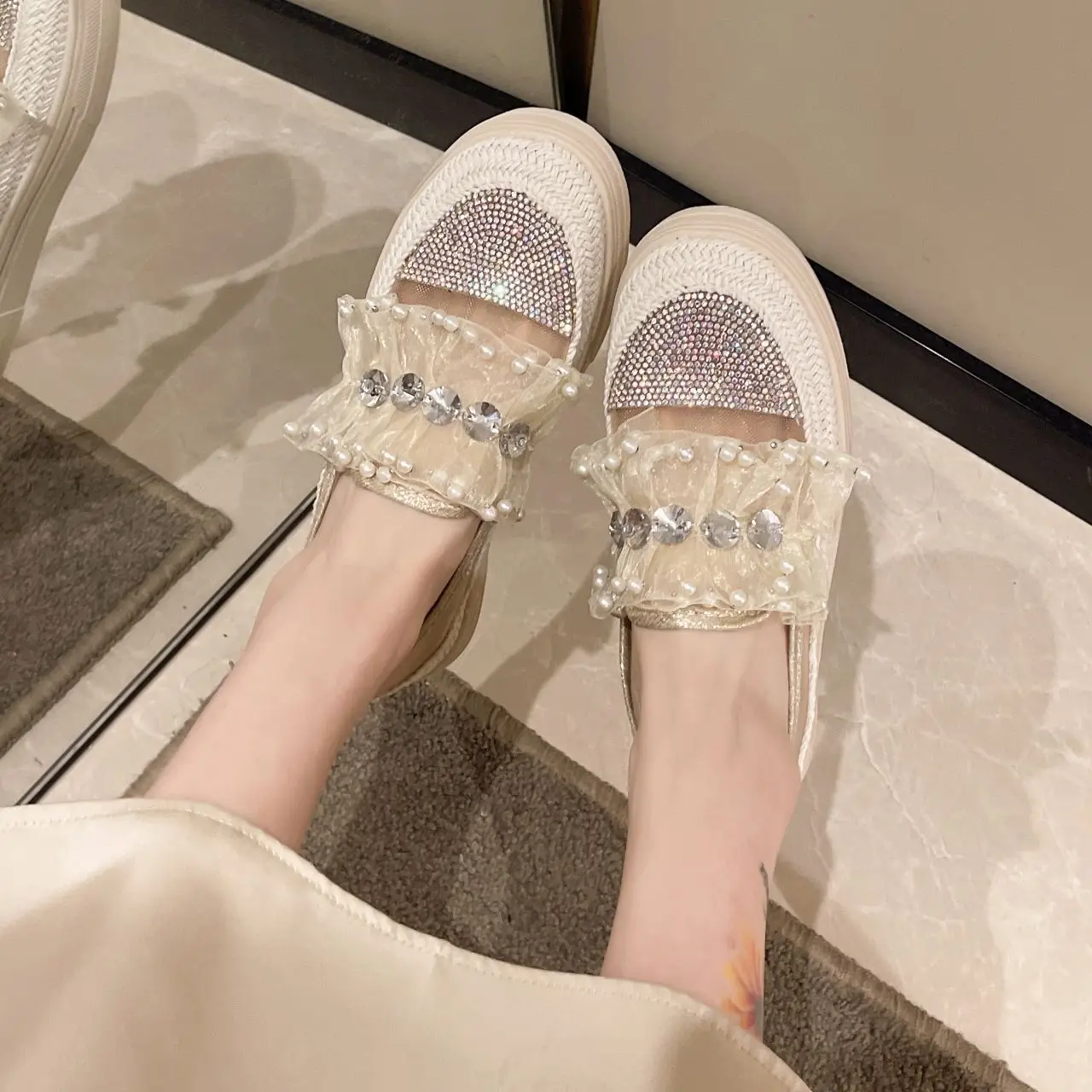

Women's Thick Sole Slip On Loafers Lace Rhinestone Mesh Fisherman Shoes European Casual Design
