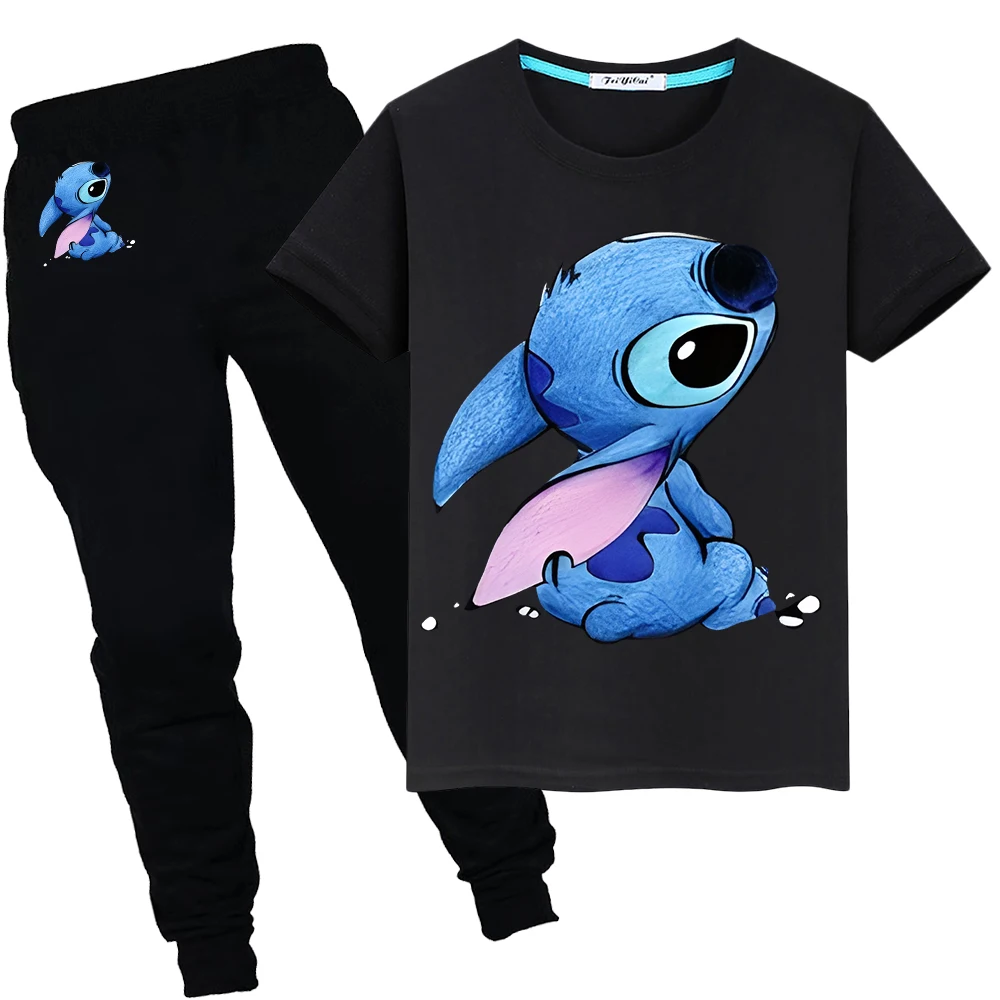 Stitch Disney Summer Sports suit boys girls Print 100%Cotton T-shirt Cute Tshirts disney Kawaii Tees Short+pant kid holiday gift