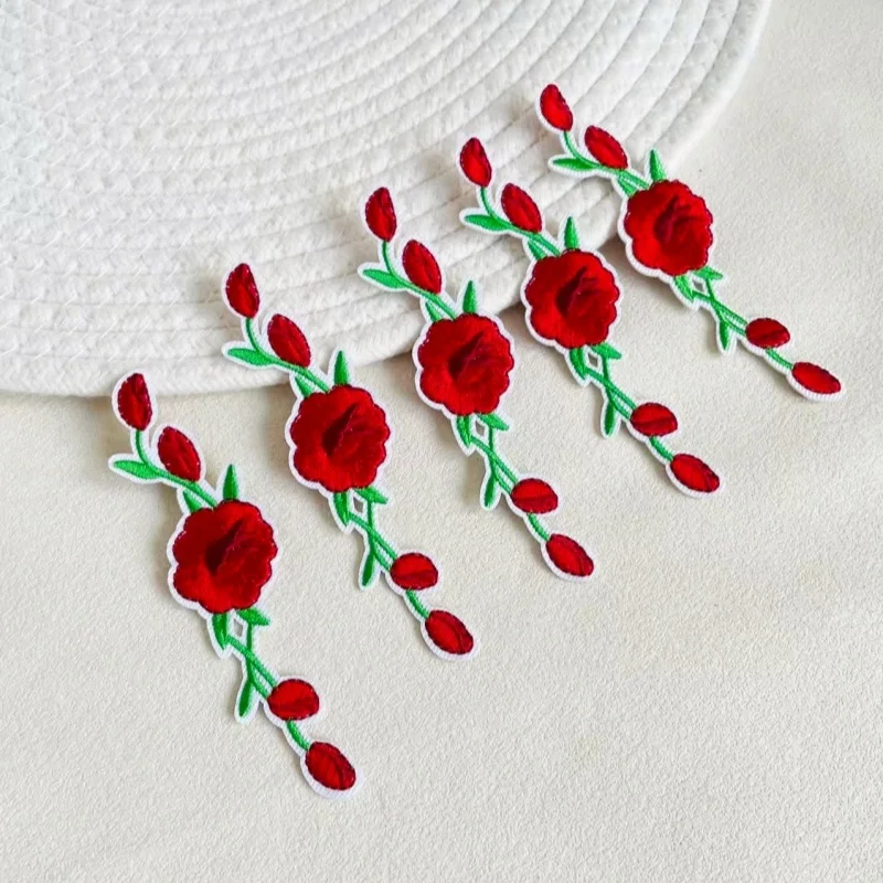 5pcs/lot Embroidered Red Rose Flower Patch for Clothes Iron On Patch for Shoes Jacket Stickers