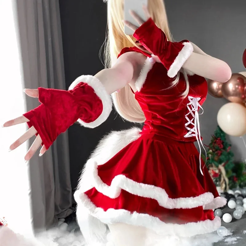 女性のためのクリスマスサンタクロースのコスプレ衣装,セクシーなランジェリー,かわいいベルベットのドレス,ケープ,ケープ,メイド,ウサギの女の子のユニフォーム