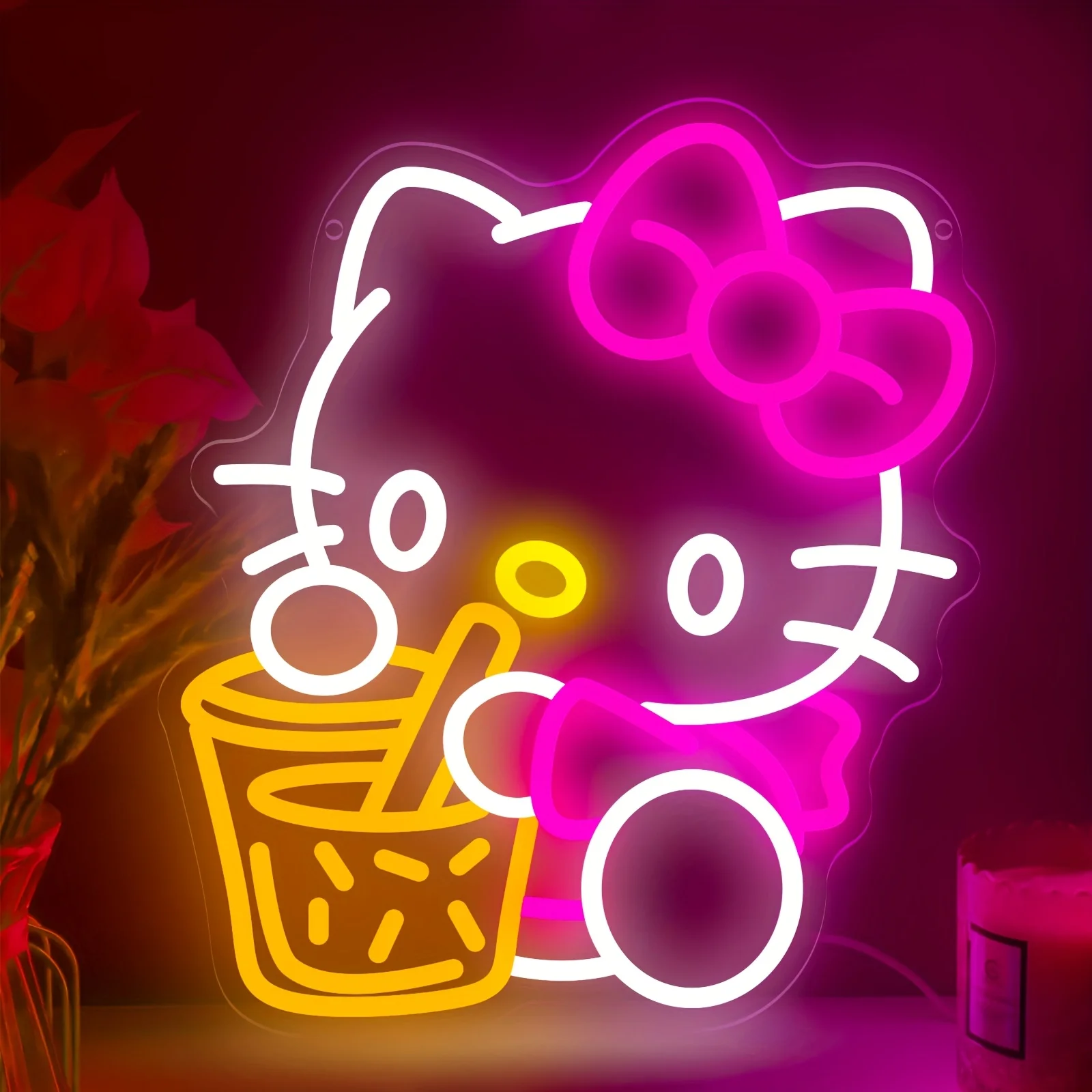 

﻿ Светодиодная неоновая вывеска Hello Kitty с розовым бантом и напитком для спальни, детской комнаты, домашнего декора. Создает милую уютную атмосферу. Милый подарок.