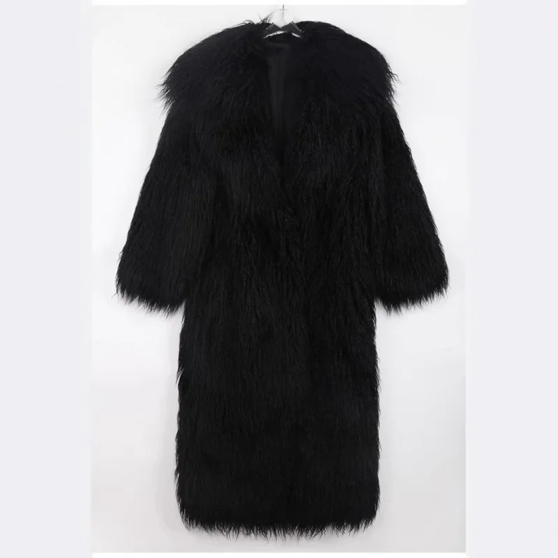 Women's Fur Coat Wool Trench Long Belted Blazer Collar Casual Warm Eco-friendly Fur Coat Plus Size