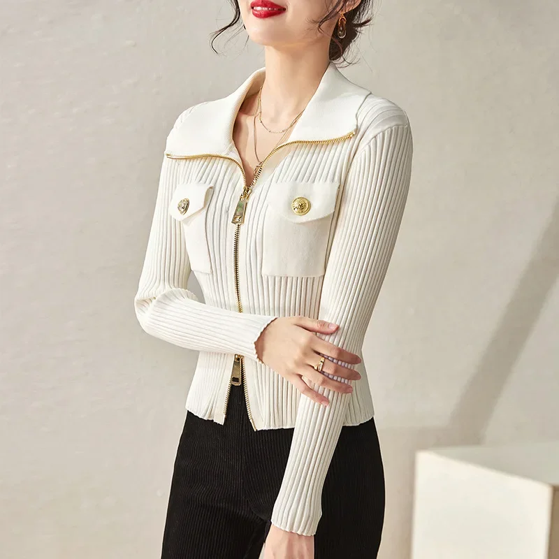 2024 Autumn and Winter New Style Slim Fit and Slimming Polo Collar Zipper Sweater for Women