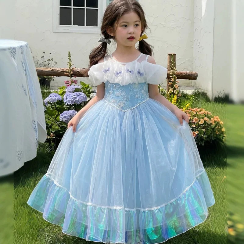 

Girls' New Summer Colorful Lace Blue Sleeveless Sweet Princess Dress