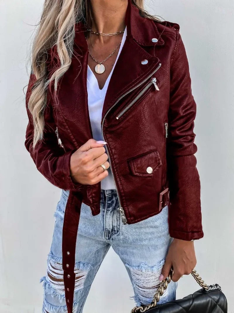 2024 New Women\'s Leather Jacket PU Leather Jacket Motorcycle Short Zipper