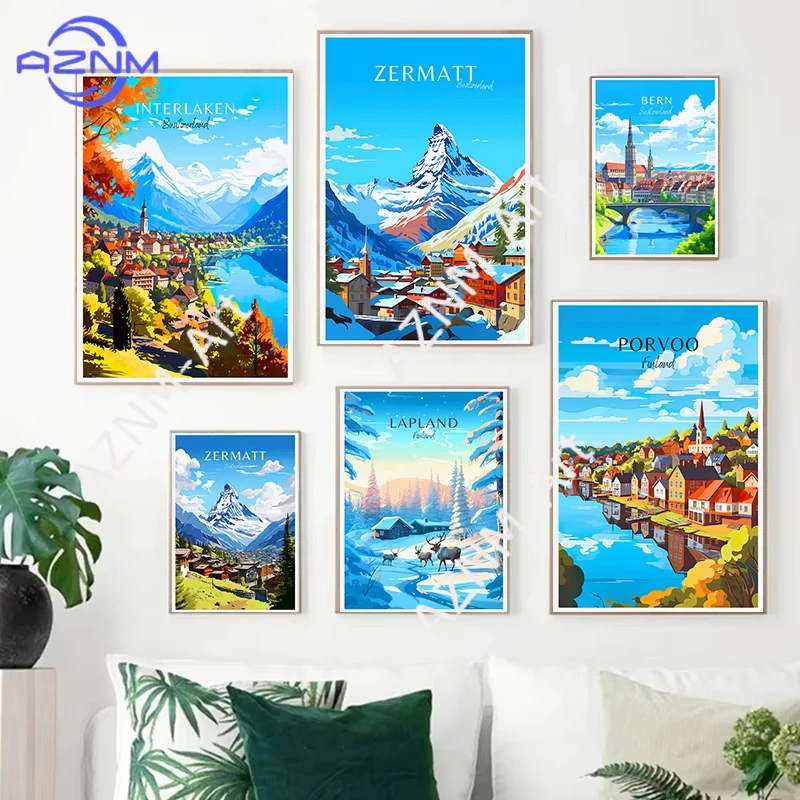 Póster de viaje de Suiza y Finlandia, Lapónia, Porvoo, Helsinki, Zermatt, pintura en lienzo, imagen artística de pared para decoración del hogar y sala de estar, 1 unidad