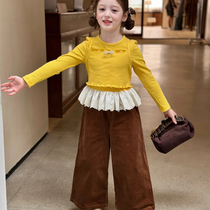 Sets Girls Fake Two Piece T-shirt for Spring Autumn New High Quality Fashionable Top Brown Pants Two Piece Set 2025