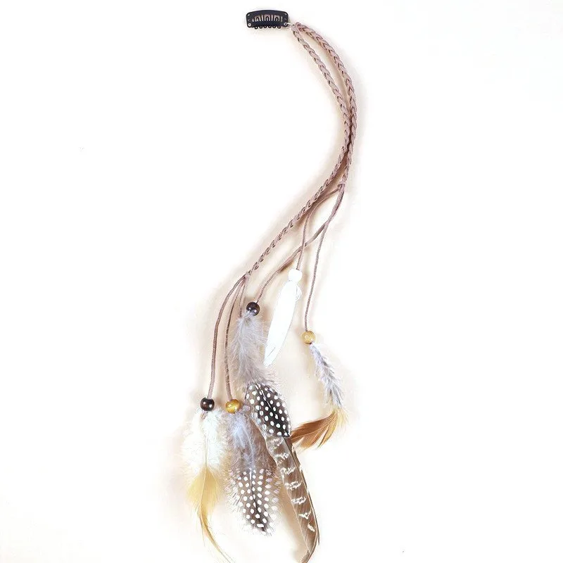 Extra Long Feather BB Clips Boho Braiding Ropes with Wood Beads Dreadlock Hair Jewelry Festival Accessory