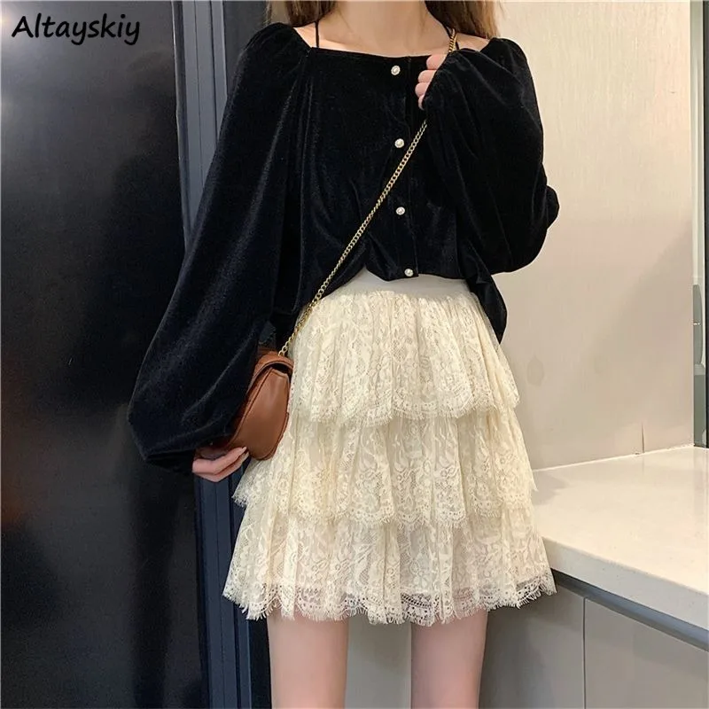 

Solid Skirts Women Ball Gown Pleated A-line Designed Korean Fashion All-match High Elastic Waist Summer Sweet Girls Trendy Cozy