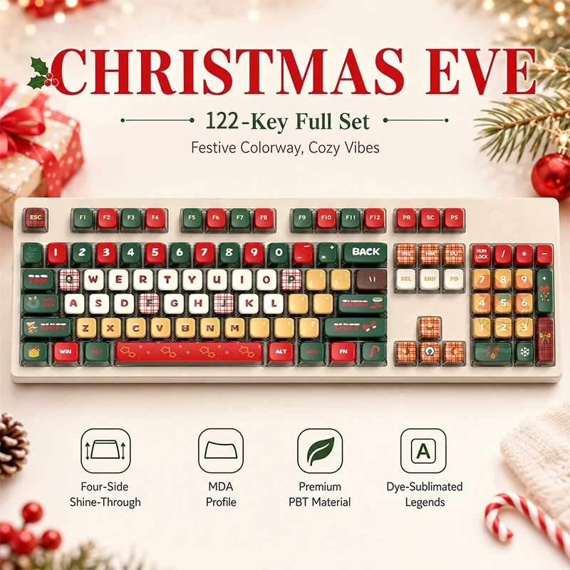 122key/set PBT Christmas Eve keycap MDA High Pudding Four sided Transparent Thermal Sublimation Mechanical Keyboard Keycap