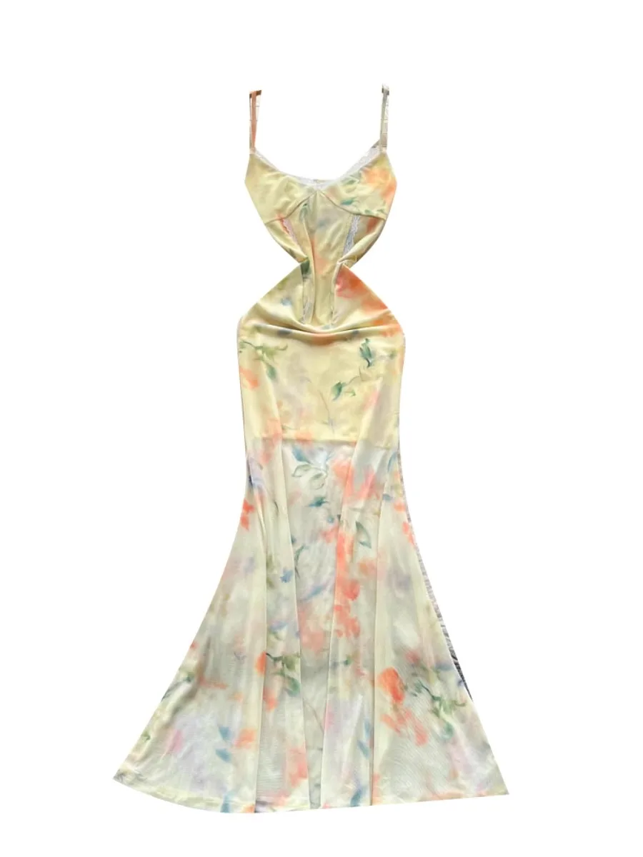 Foamlina elegante encaje Patchwork Floral malla Maxi vestido 2025 novedad de verano puro deseo chica caliente francés dulce encaje Sling vestidos