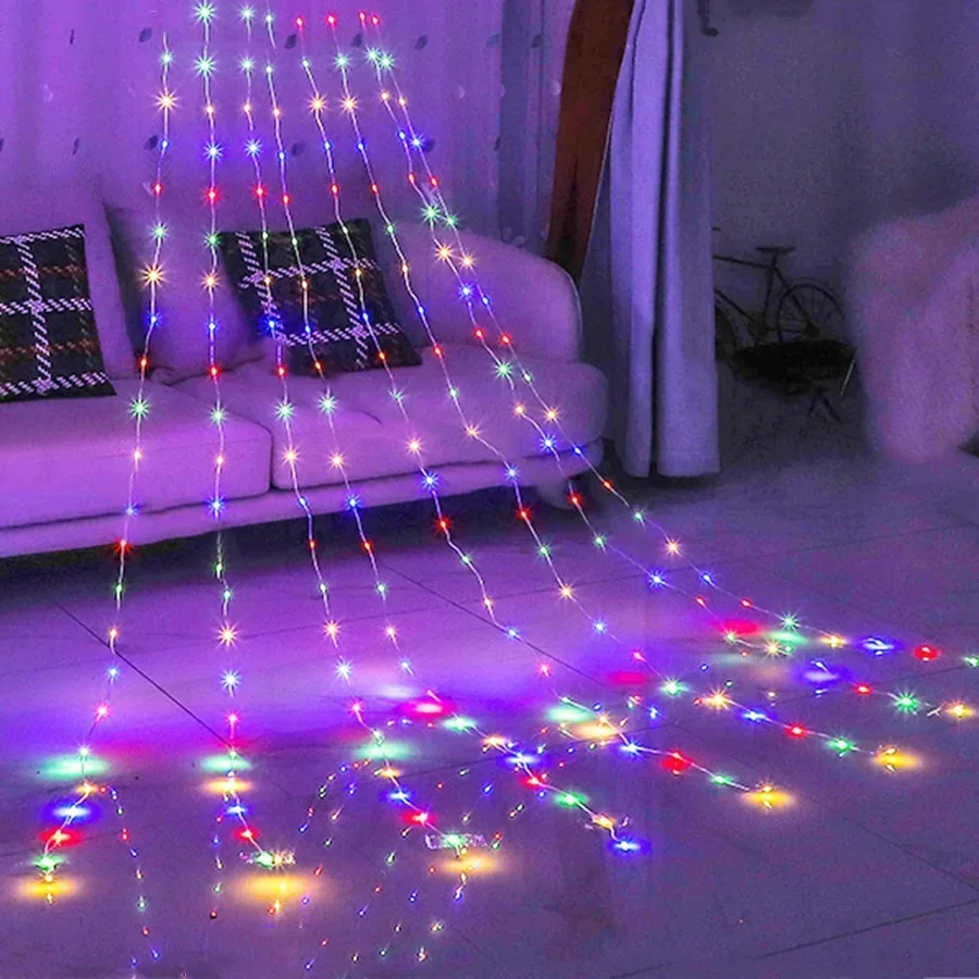 9X3M 288LED Outdoor Christmas Waterfall Star String Light Lighted Waterfall Tree Hanging String Light Topper Star Fairy Light