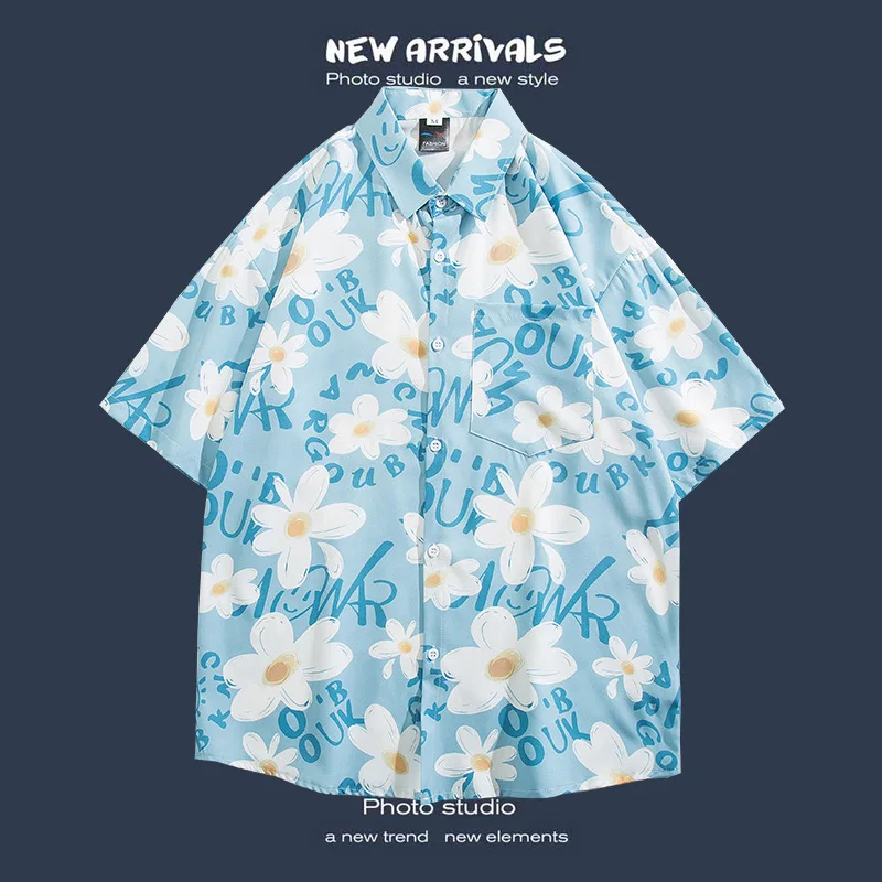 Men's Korean Streetwear Summer Fashion New Hawaiian Shirt Holiday Beach Casual Loose Short Sleeved Shirt Y2k Men Clothing