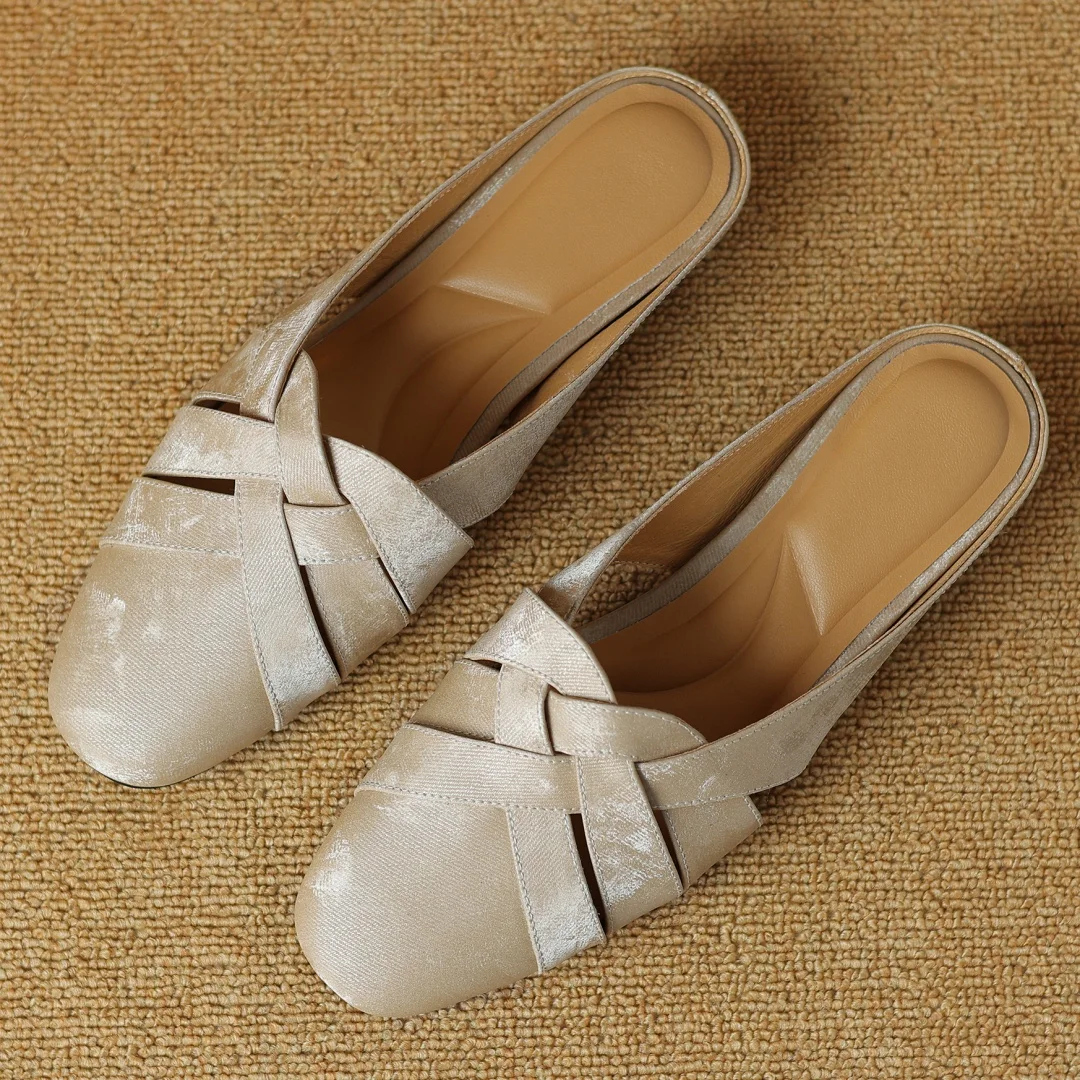 Women's genuine leather narrow band cross strap round toe slip-on flats summer mules casual female high quality slides shoes 41