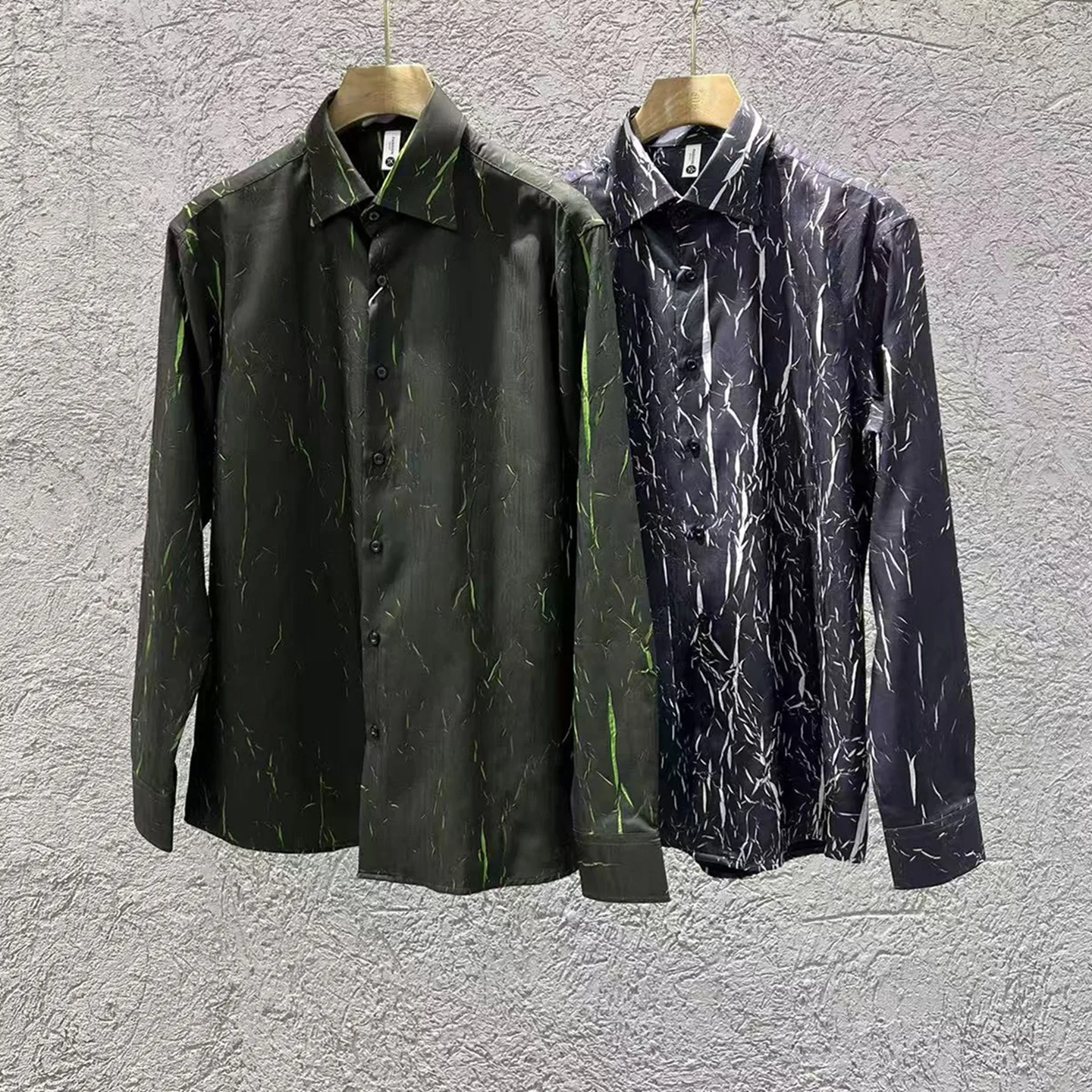 قميص رجالي بأكمام طويلة بنمط فرقعة - أزرق داكن (أسود/أخضر) M-3XL تصميم أنيق برقبة على شكل حرف V قماش قابل للتمدد للتجاعيد ​