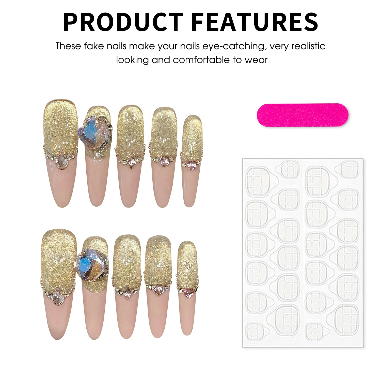 10枚入り ピーチピンク フレンチキャッツアイ つけ爪 K9ラインストーン装飾 ロングポインテッド フラッシュダイヤモンド ハンドメイド フェイクネイル アーモンド