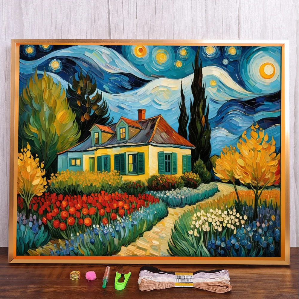 Landscape Starry Night Printed Fabric Cross Stitch Embroidery Set Hobby Sewing Knitting Needlework Stamped For Adults Counted