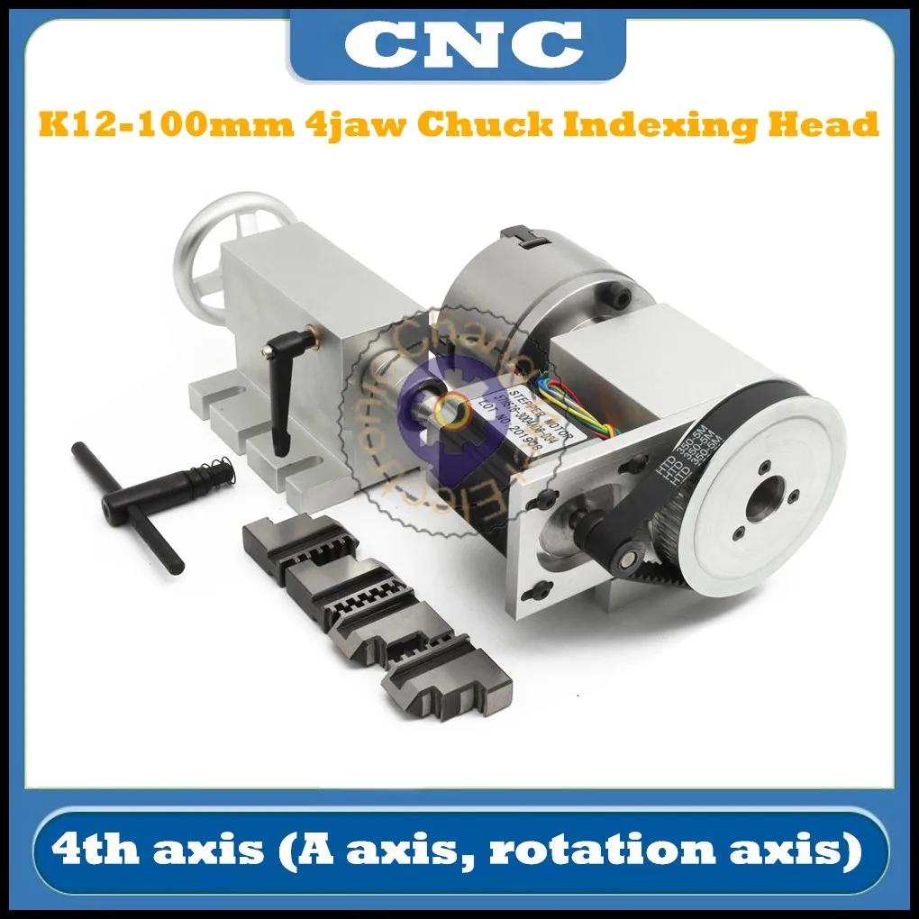 

NEW CNC 4th axis (A axis, rotation axis) K12-100mm 4-jaw chuck indexing head rotation axis with 65mm tailstock