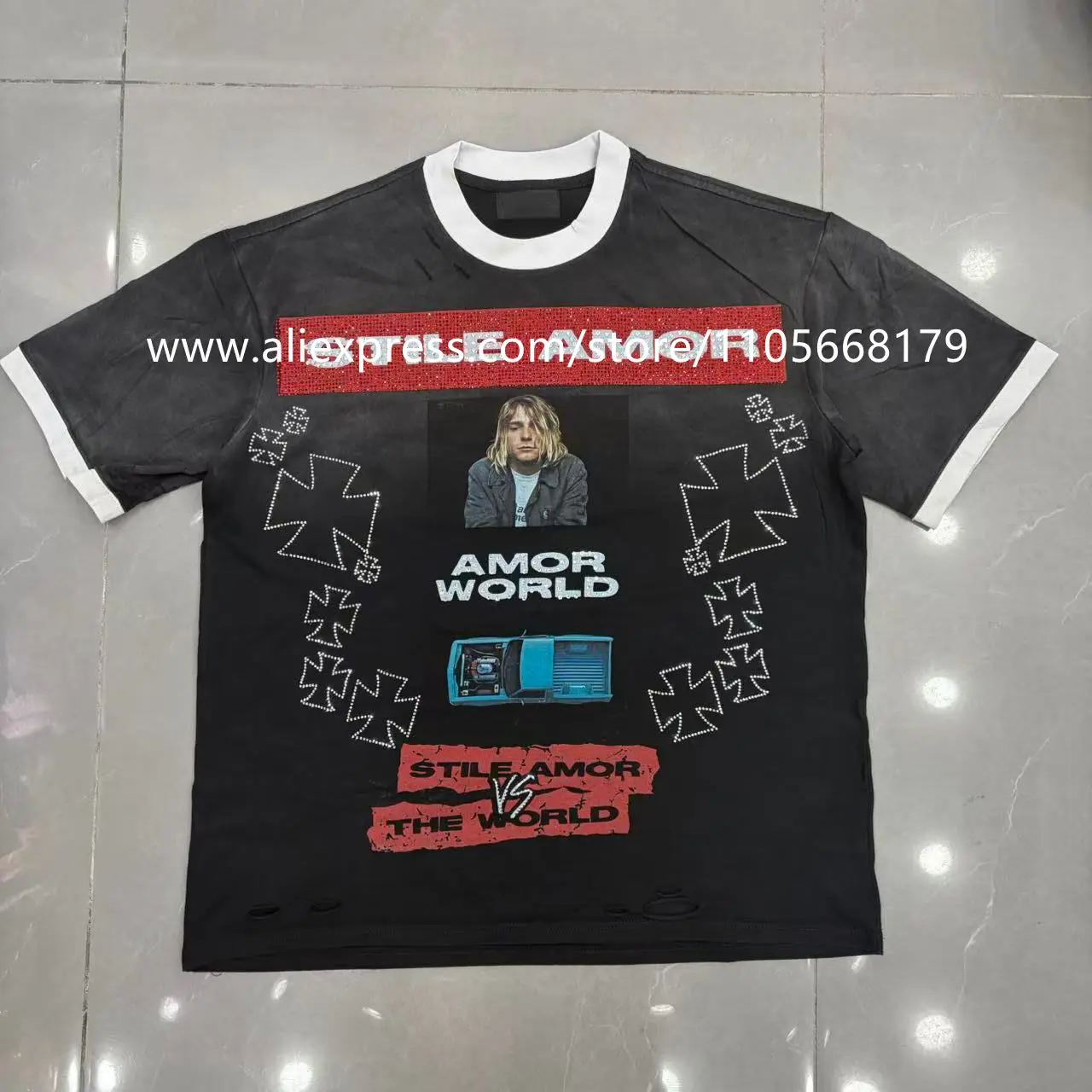 High-Quality Trendy Short-Sleeve T-Shirt with Rhinestone Embellishments, High-Definition White Ink Direct Print, Niche Fashion Versatile Casual High Street Style