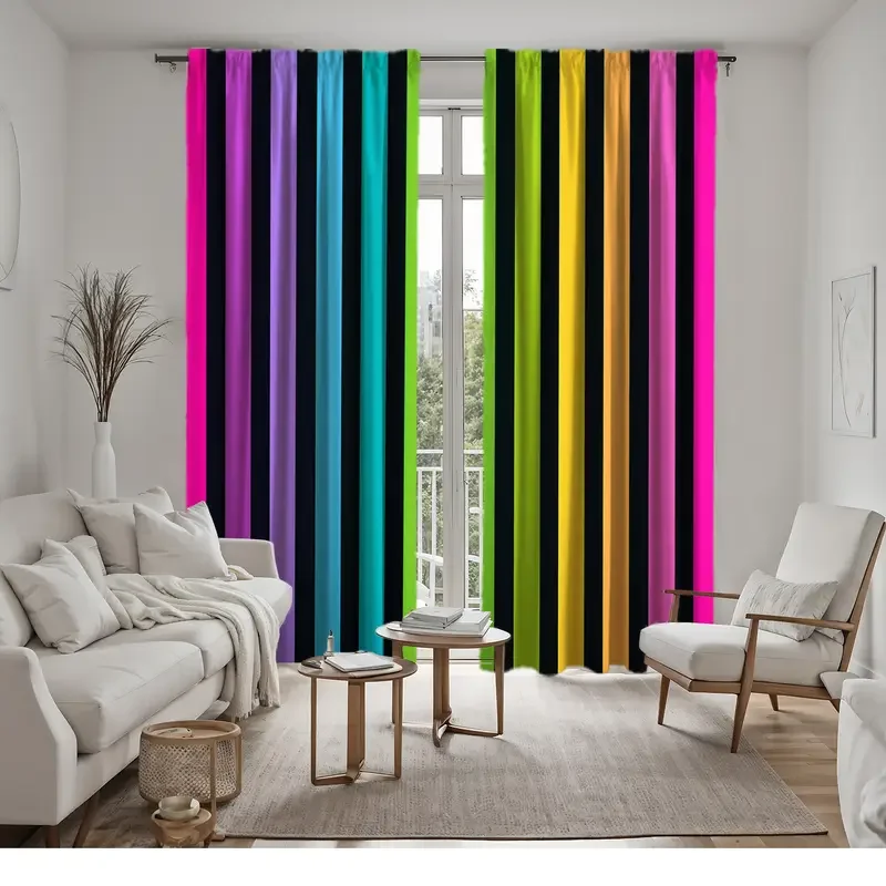 2pcs Vibrant Rainbow Striped Printed Curtains, Designed for Light Filtering, Quality Material, Ideal for Lively Home Window Deco