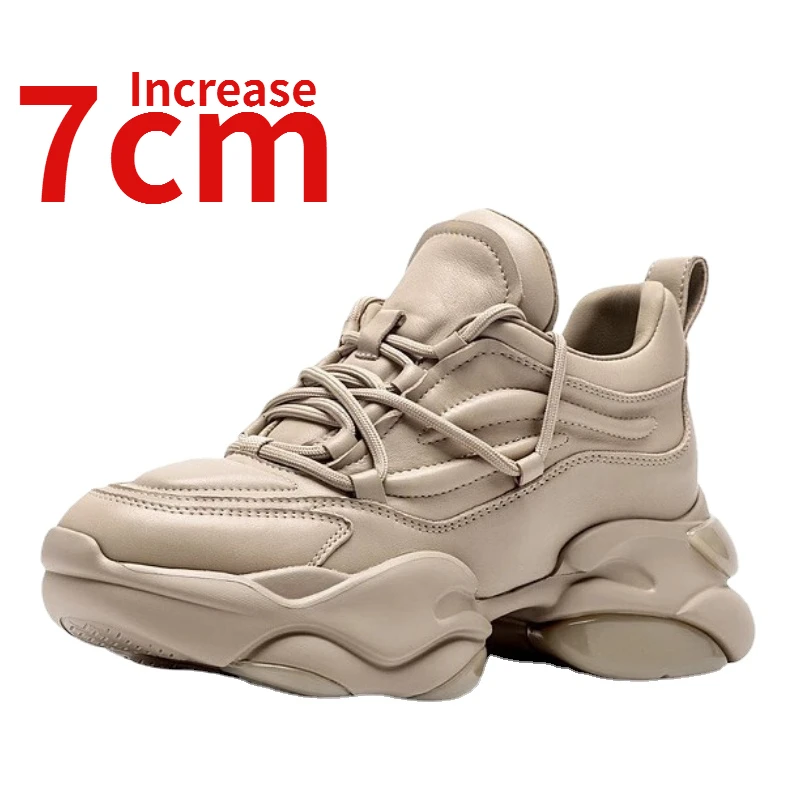 Elevator Comfortable Dad's Shoes for Women Increased 7cm Autumn New Genuine Leather Fashion Casual Shoes High Heels Sports Shoes