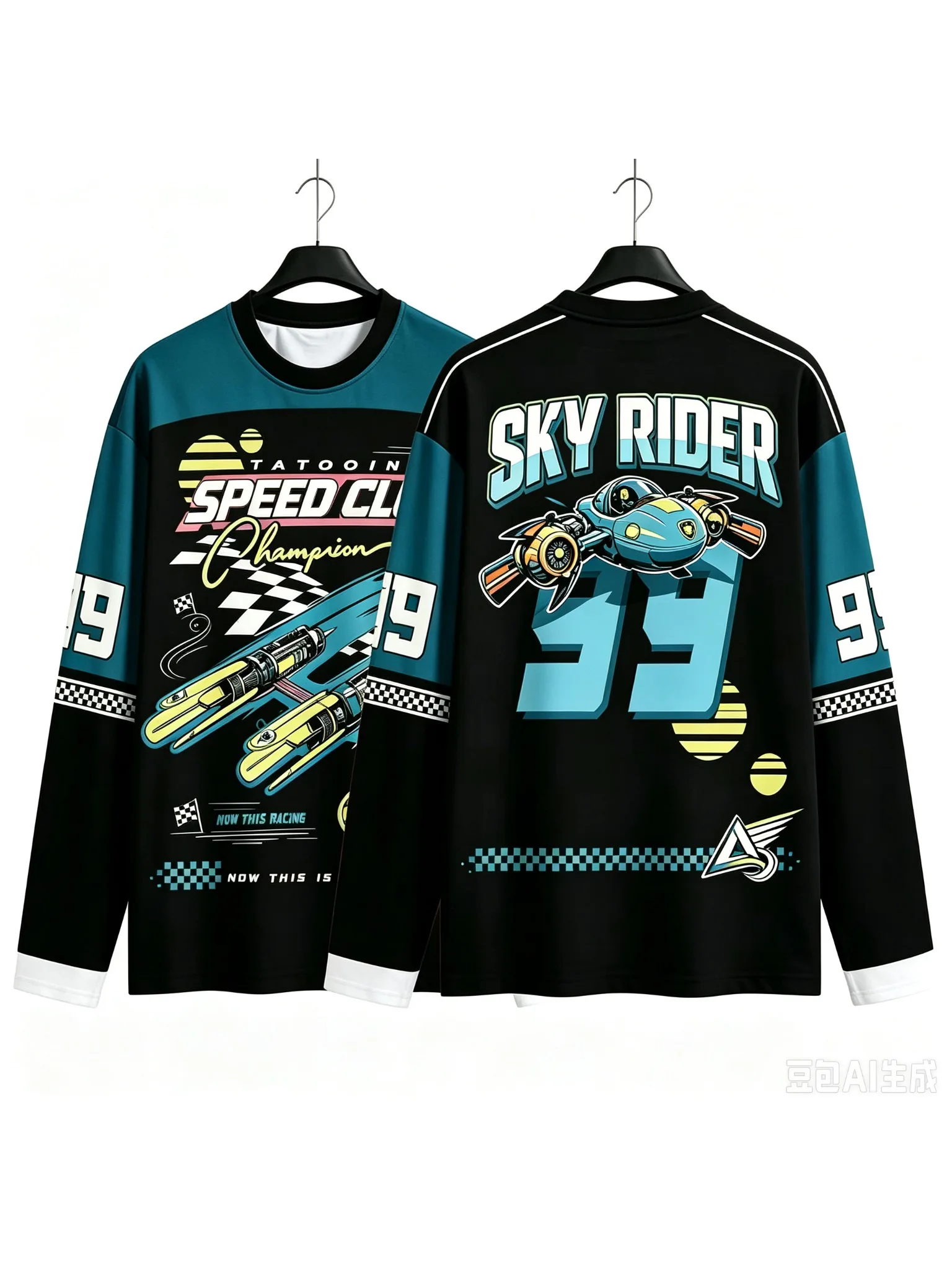 Men Teal Black Speed Club Print Long Sleeve Shirt Sky Rider 99 Racing Checkered Casual Crewneck Vintage Breathable Premium Top