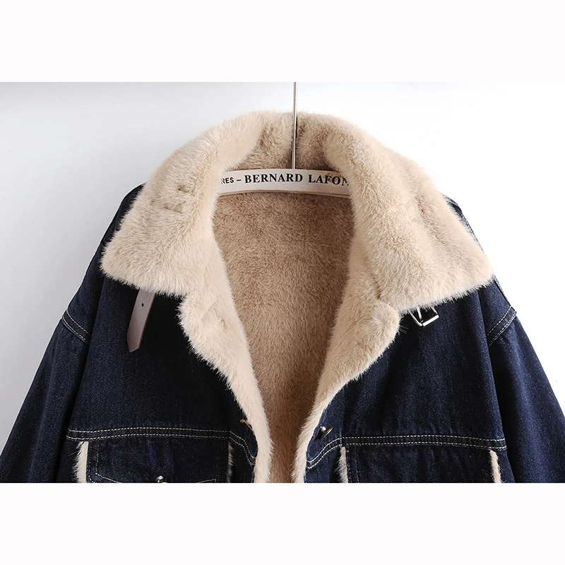 

Осень-зима, толстая теплая джинсовая куртка с подкладкой из искусственного кроличьего меха, повседневная женская ковбойская верхняя одежда, свободная короткая джинсовая куртка, женская синяя