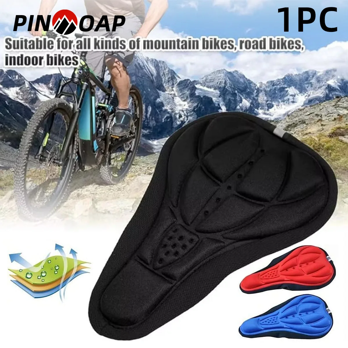 Cojín para asiento de bicicleta PINMOAP, absorción de impactos 3D, espuma gruesa transpirable, algodón, adecuado para equipos de ciclismo de montaña y carretera