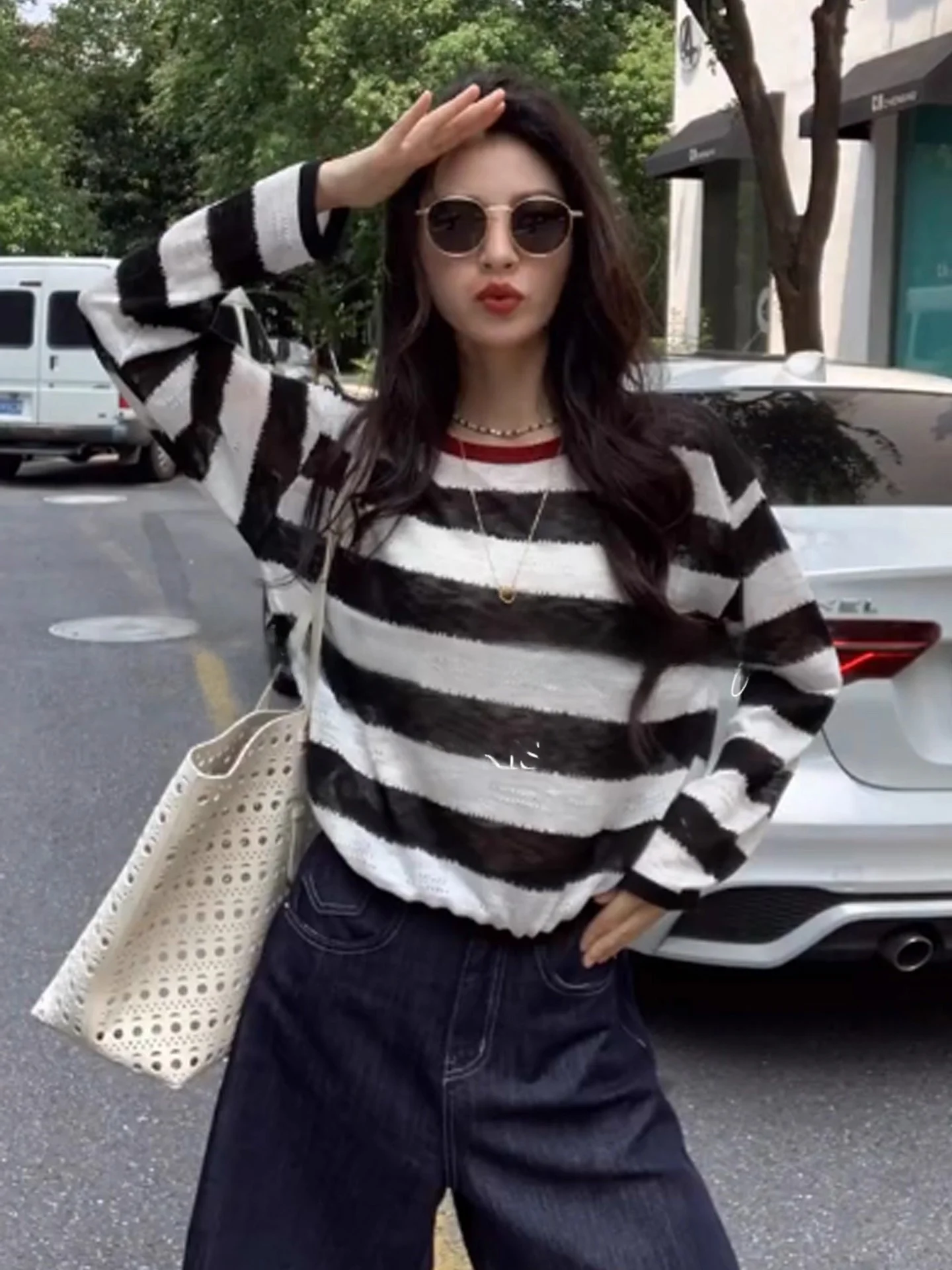 

Черный полосатый цвет Blo Long Sve вязаный свитер женский ранняя осень Dstring для похудения персональный топ Rouje Renksy