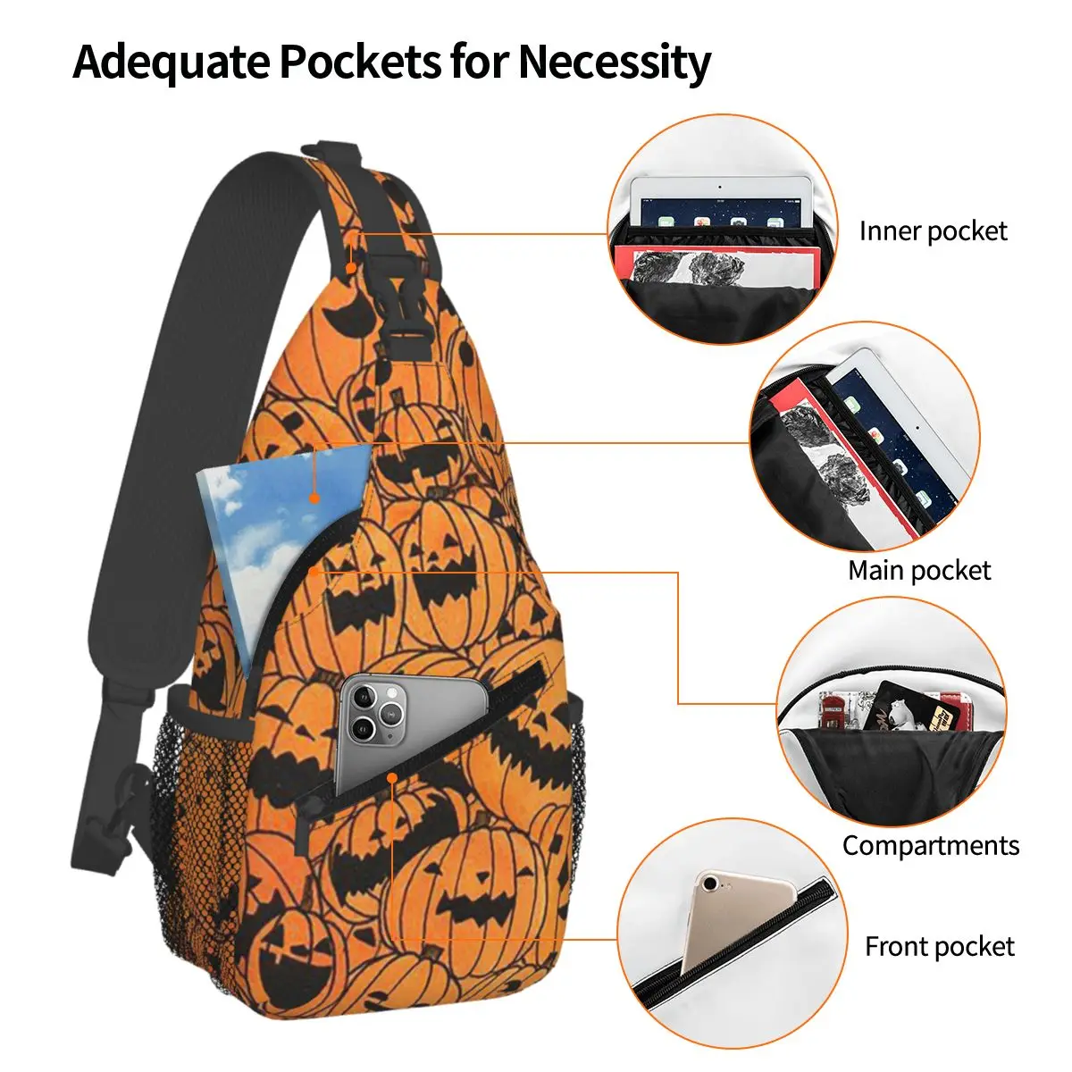 Ghost Pumpkin Halloween Chest Bag Men Sling Crossbody Backpack Chest Bag Traveling Hiking Daypack Shoulder Bag