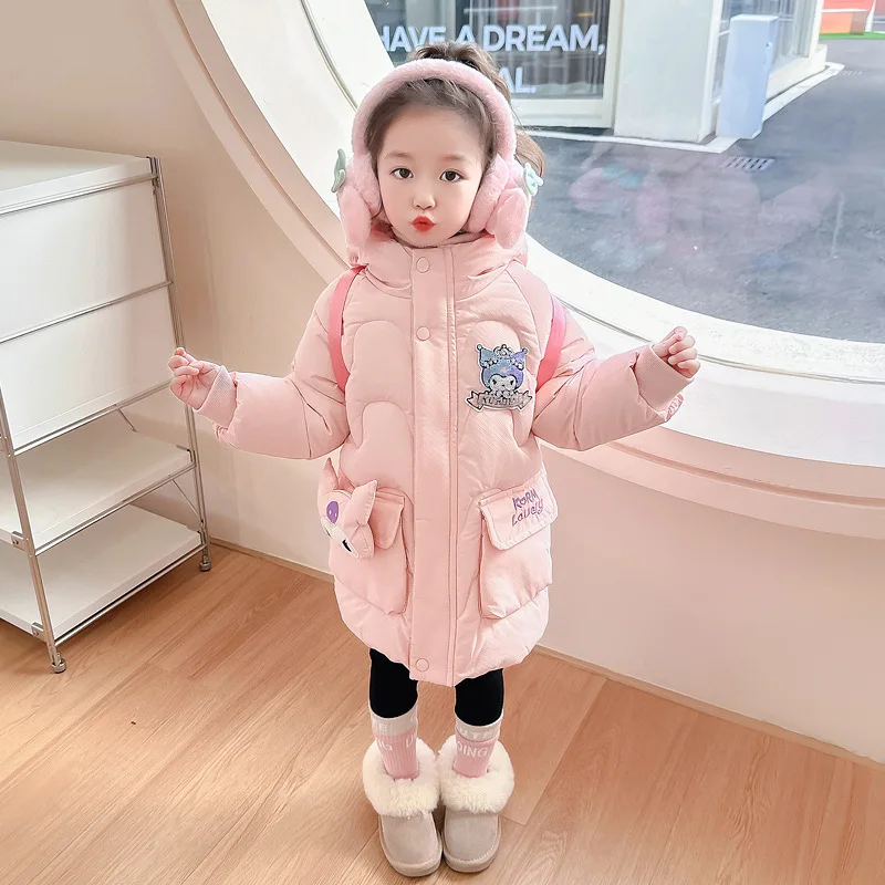 Sanrios Kuromi Girls Kuromi Two-Color Backpack Plus Velvet Cotton Coat Mid-Length Coat Baby Thickened Cartoon Coat Hooded Jacket