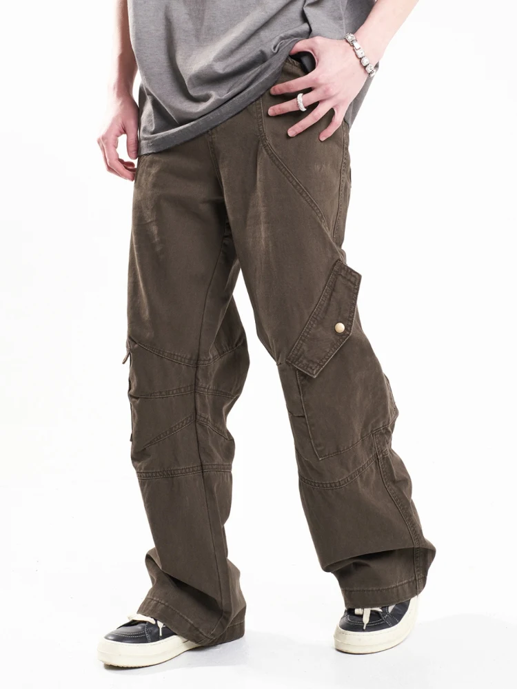 

American Retro Wide Leg Casual Pants High Street Patchwork Design Workwear Brown Coffee Trendy Youthful Sle Four Seasons