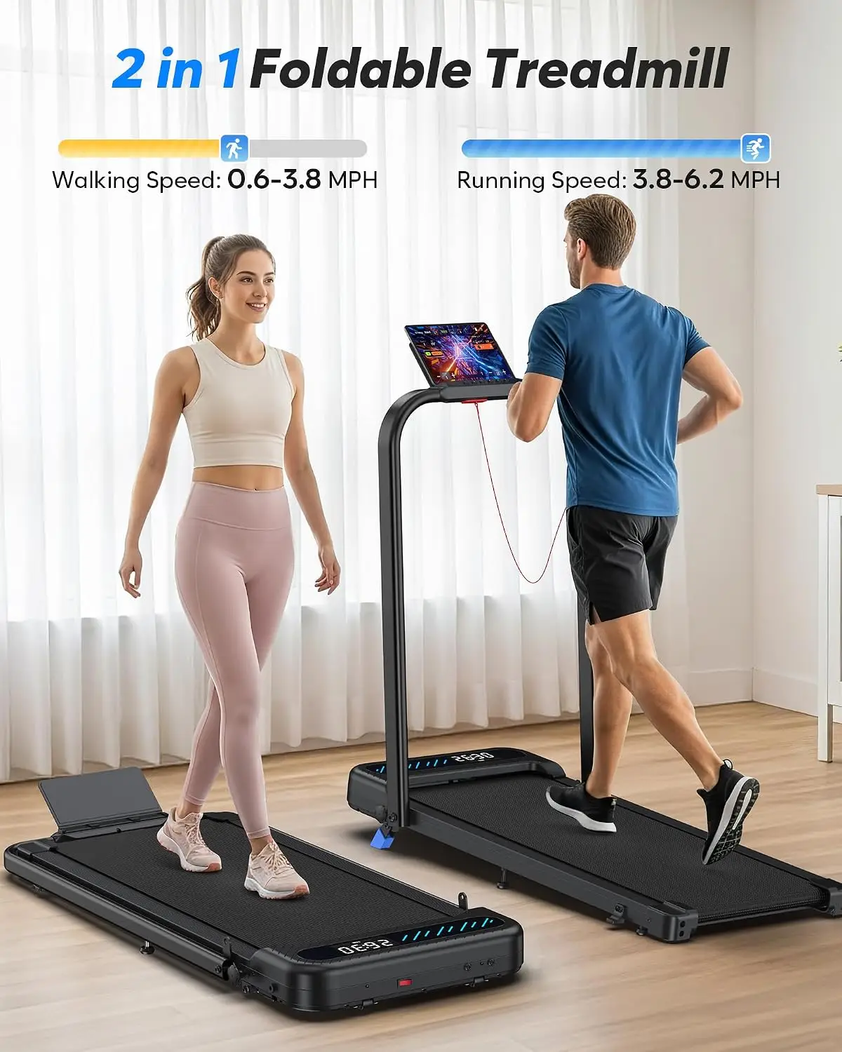 Walking Pad Treadmill with Incline, Foldable, 350 lbs, 3.0HP Quiet Motor, APP & Remote, LED Display, Under Desk Home, Customized