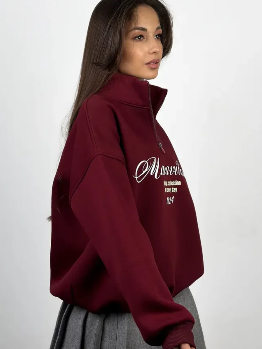 3 สีคอปกครึ่งเปิดซิปเสื้อกันหนาวอเมริกา Retro Letter พิมพ์เสื้อแขนยาวฤดูใบไม้ร่วงฤดูหนาวหลวมสบายๆ