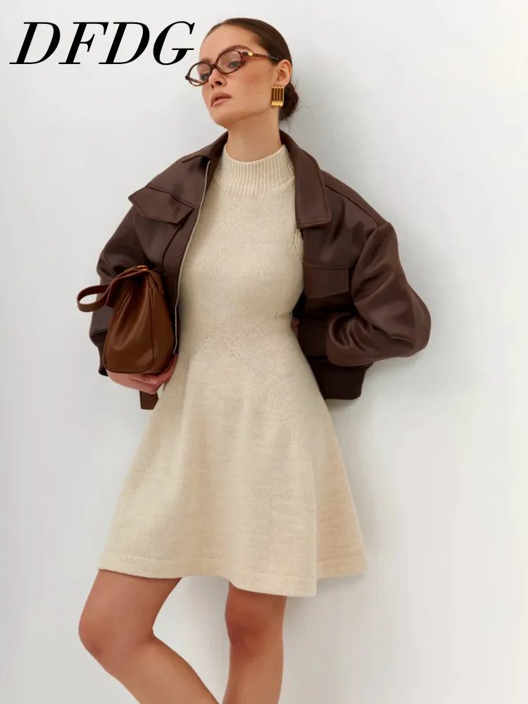 

DFDG Women's Spring Summer Turtleneck Sleeveless Knit A-Line Mini Dress Casual Vacation Date 2026 Trendy Feminine Fashion Dress