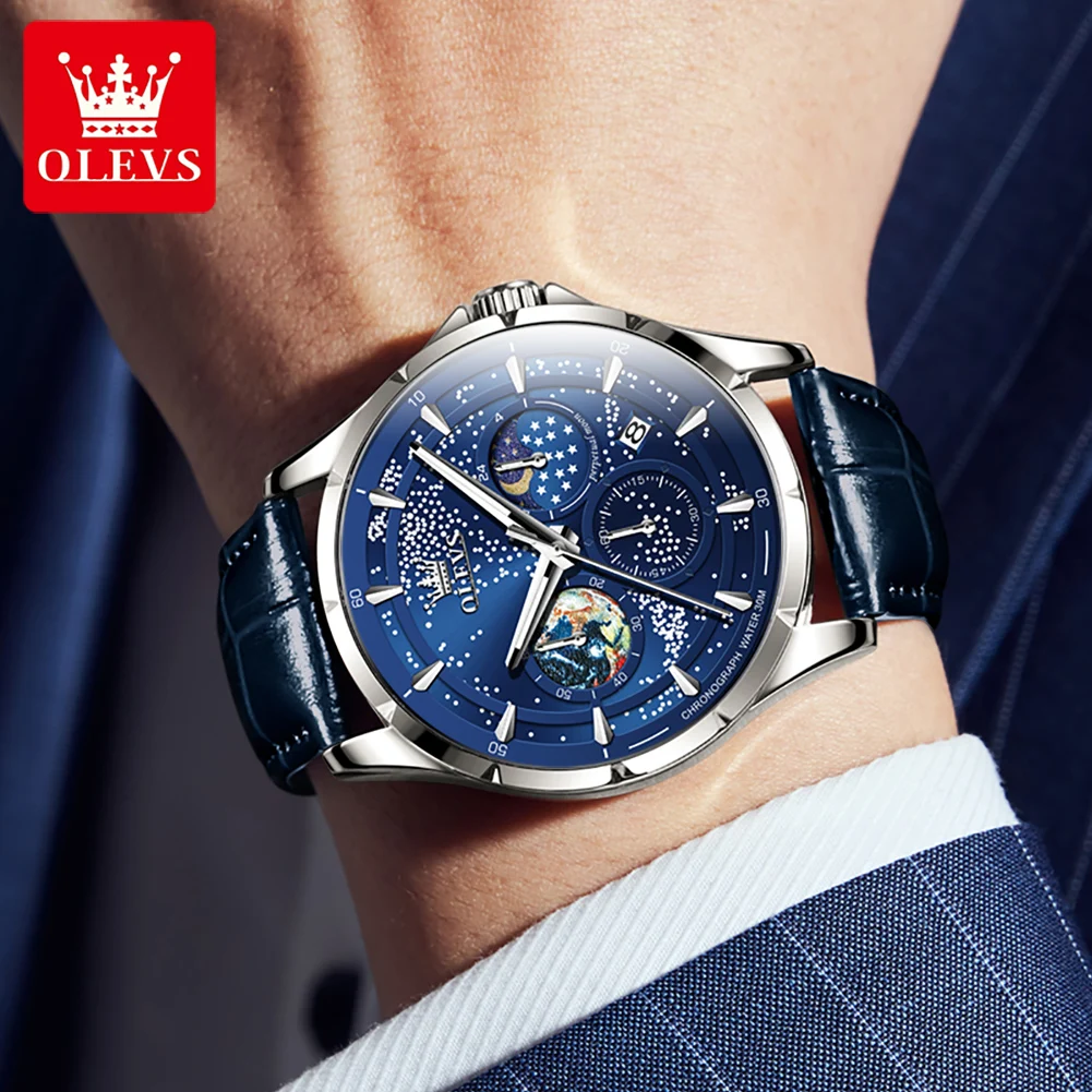 OLEVS Top Brand Starry Blue Quartz Watch for Men Leather Strap Men\'s Wristwatch Moon Phase Chronograph Sport Watch Original New