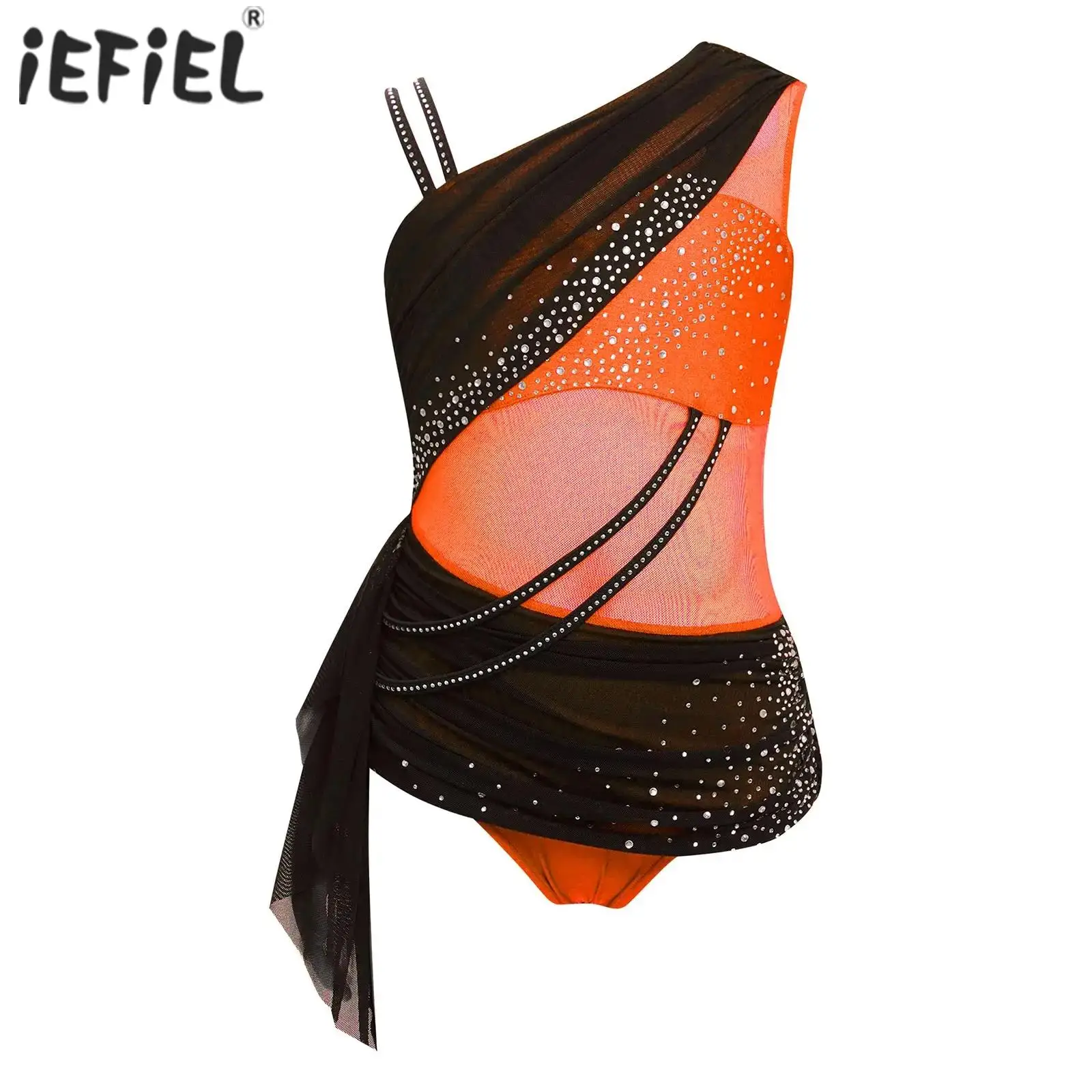 Kids Girls Ballet Gymnastics Leotard Color Block Figure Skating Bodysuit Lyrical Dance Costumes Sheer Mesh Glittery Rhinestones
