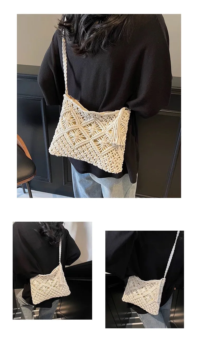 Retro Fransen-Kunststrohtasche, einfache Sommer-Strandtasche, gewebte Schultertasche, lässiges Accessoire für Damen – Detail 5