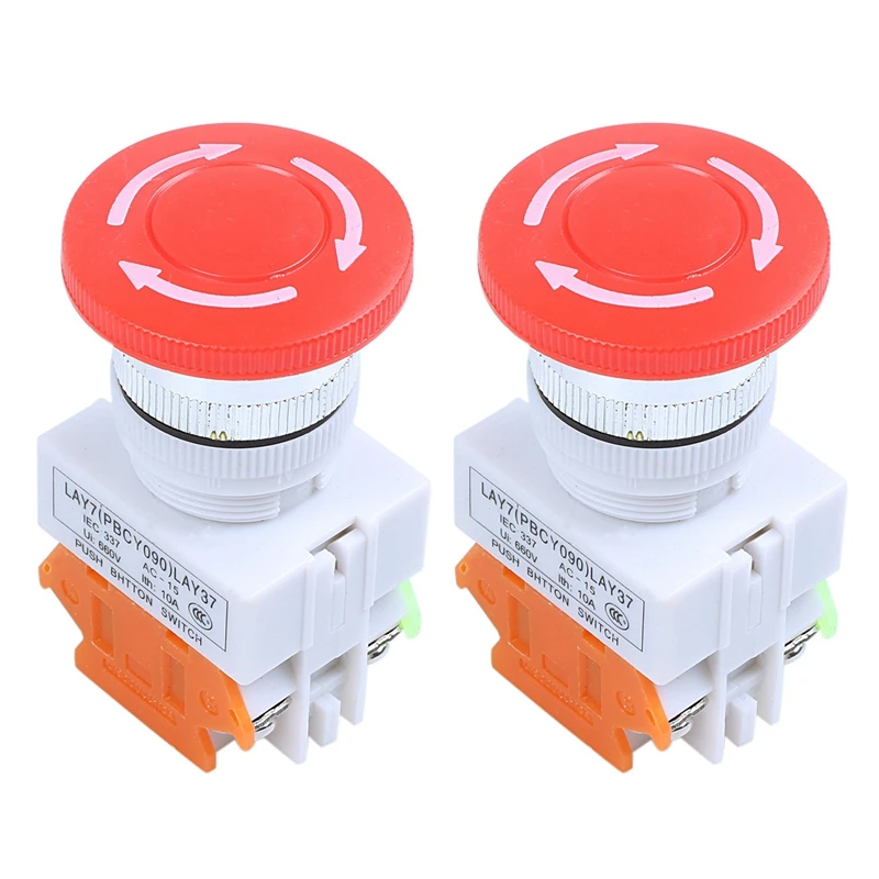 2X Red Mushroom Cap 1NO 1NC DPST Emergency Stop Push Button Switch AC 660V 10A