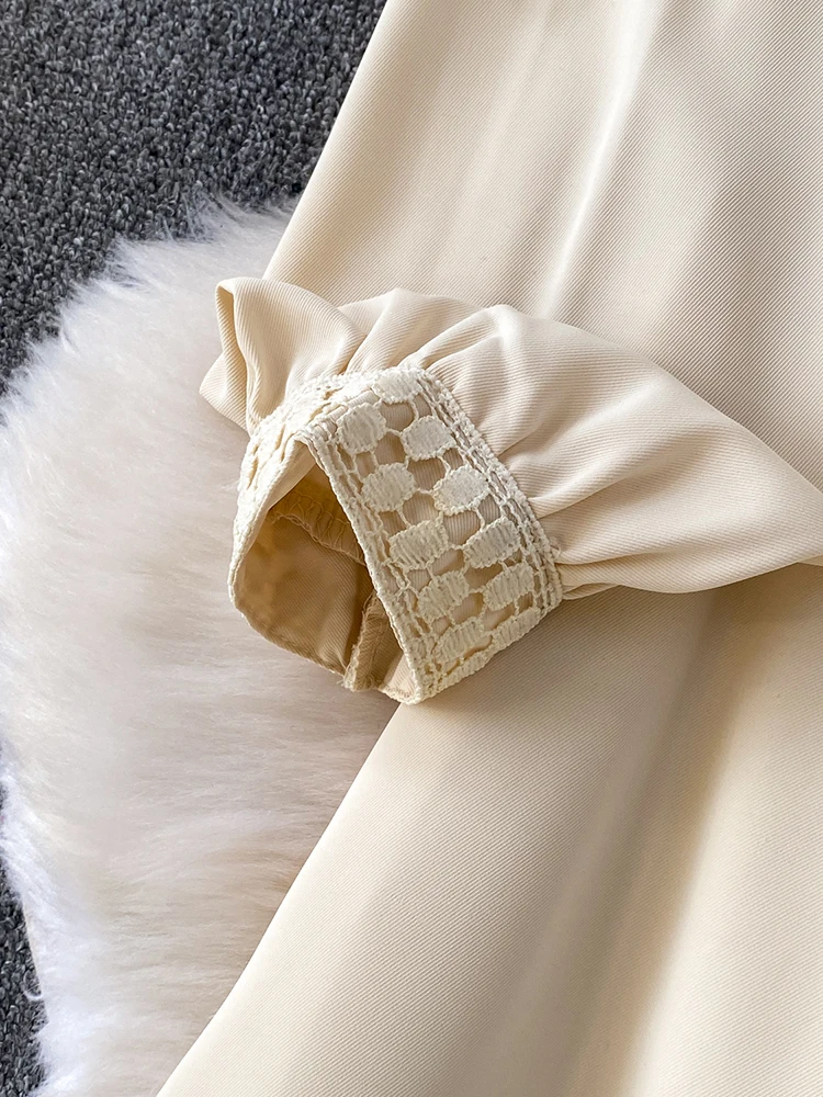 Mulheres no outono vestido francês socialite estilo suave damasco em torno do pescoço rendas retalhos cetim saia longa vestidos femininos ds227